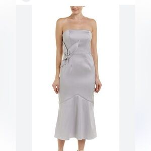 Kay Unger Silver Strapless Dress Midi Bow Accent Sz 6. Formal Satin Trumpet